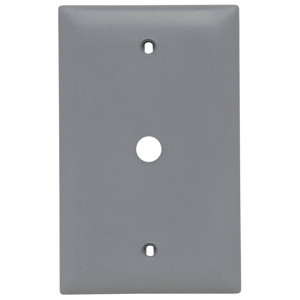 Single gang, single telephone or cable outlet 13/32 hole. Box mounted. Nylon Trademaster plate. Gray.