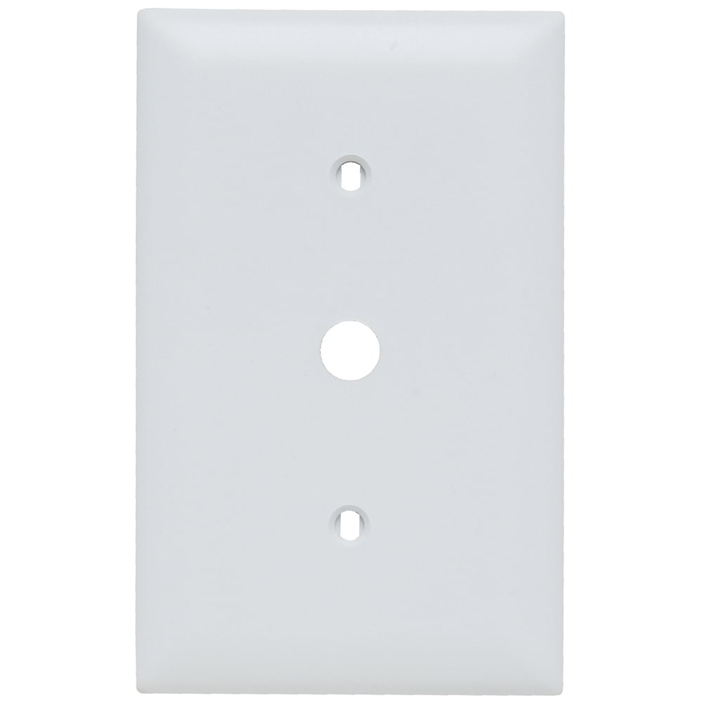 Single gang, Single telephone or cable outlet 13/32 hole. Strap mounted with adjustable yoke. One #340 yoke. Nylon trademaster plate. White.