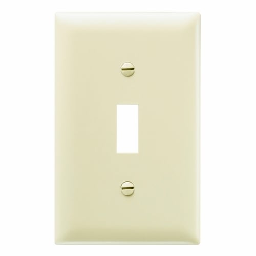 Trademaster Wall Plate, single gang, toggle plateis molded of rugged, practically indestructible self-extinguishing nylon. It is preferred for hospital, industrial, institutional, and other high-abuse applications. Available in Ivory, White, Brown, Gray, Black, Blue, Orange, Red, and Light Almond.