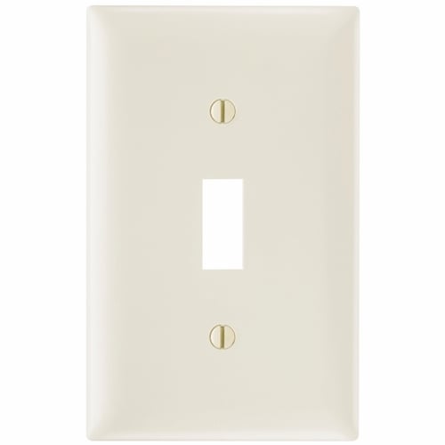 Trademaster Wall Plate, single gang, toggle plate is molded of rugged, practically indestructible self-extinguishing nylon. It is preferred for hospital, industrial, institutional, and other high-abuse applications. Available in Ivory, White, Brown, Gray, Black, Blue, Orange, Red, and Light Almond.