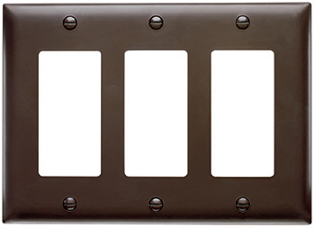 TradeMaster decorator wall plates are molded of rugged, practically indestructible self-extinguishing nylon. These wall plates provide a pleasing aesthetic with their contour design. Their rugged construction is virtually unbreakable and stands up to the most demanding of environments. (three gang, brown)