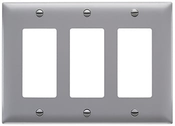 TradeMaster decorator wall plates are molded of rugged, practically indestructible self-extinguishing nylon. These wall plates provide a pleasing aesthetic with their contour design. Their rugged construction is virtually unbreakable and stands up to the most demanding of environments. (three gang, gray)