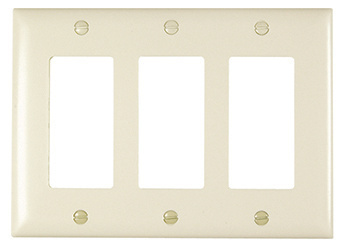TradeMaster decorator wall plates are molded of rugged, practically indestructible self-extinguishing nylon. These wall plates provide a pleasing aesthetic with their contour design. Their rugged construction is virtually unbreakable and stands up to the most demanding of environments. (three gang, ivory)