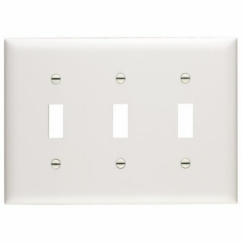 Trademaster Plate, with triple gang and triple toggle plate, is molded of rugged, practically indestructible self-extinguishing nylon. It is preferred for hospital, industrial, institutional, and other high-abuse applications. Available in Ivory, White, Brown, Gray, Black, Blue, Orange, Red, and Light Almond.