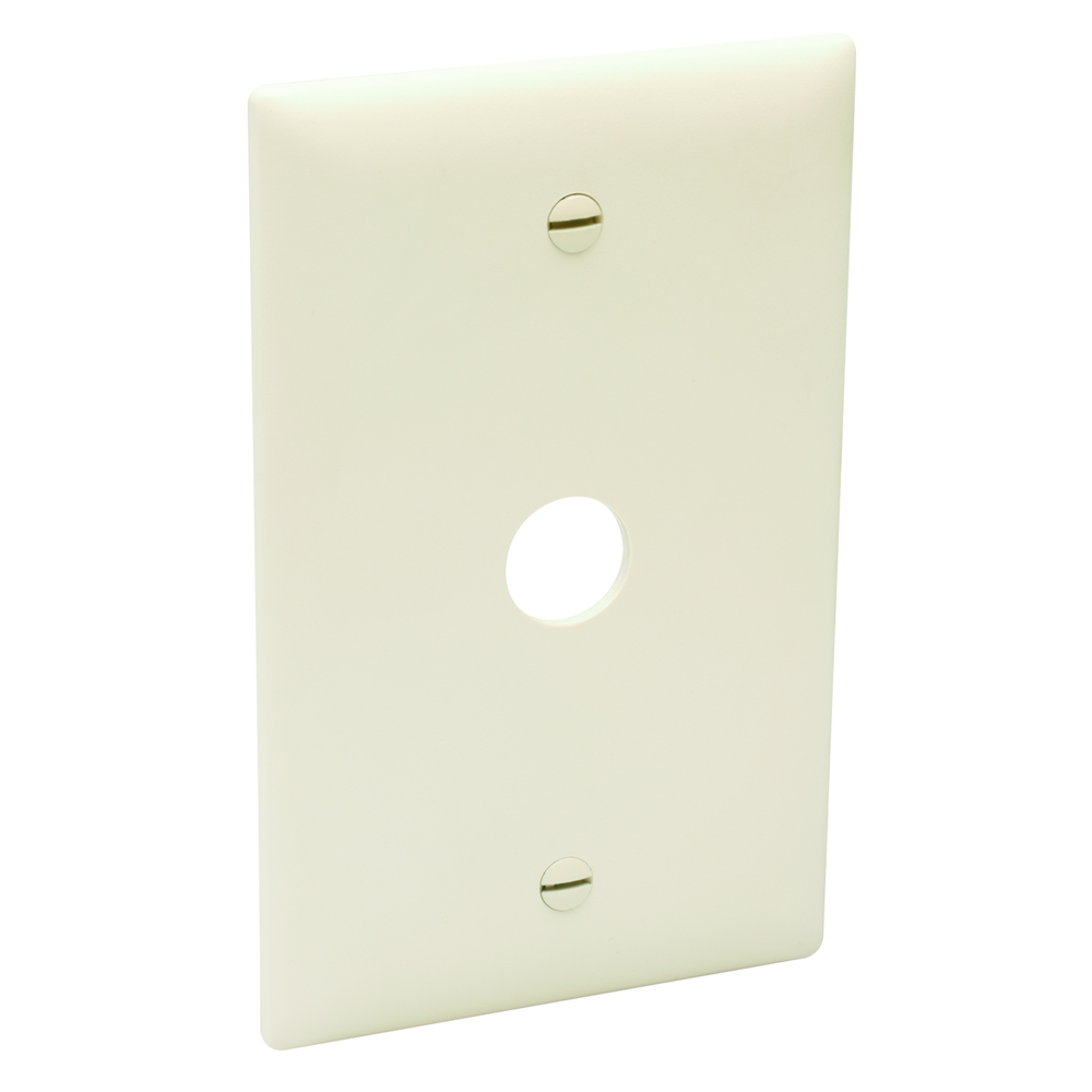 Singlegang,Single telephone or cable outlet 5/8 ID.Box mounted. Nylon Trademaster plate. Ivory.