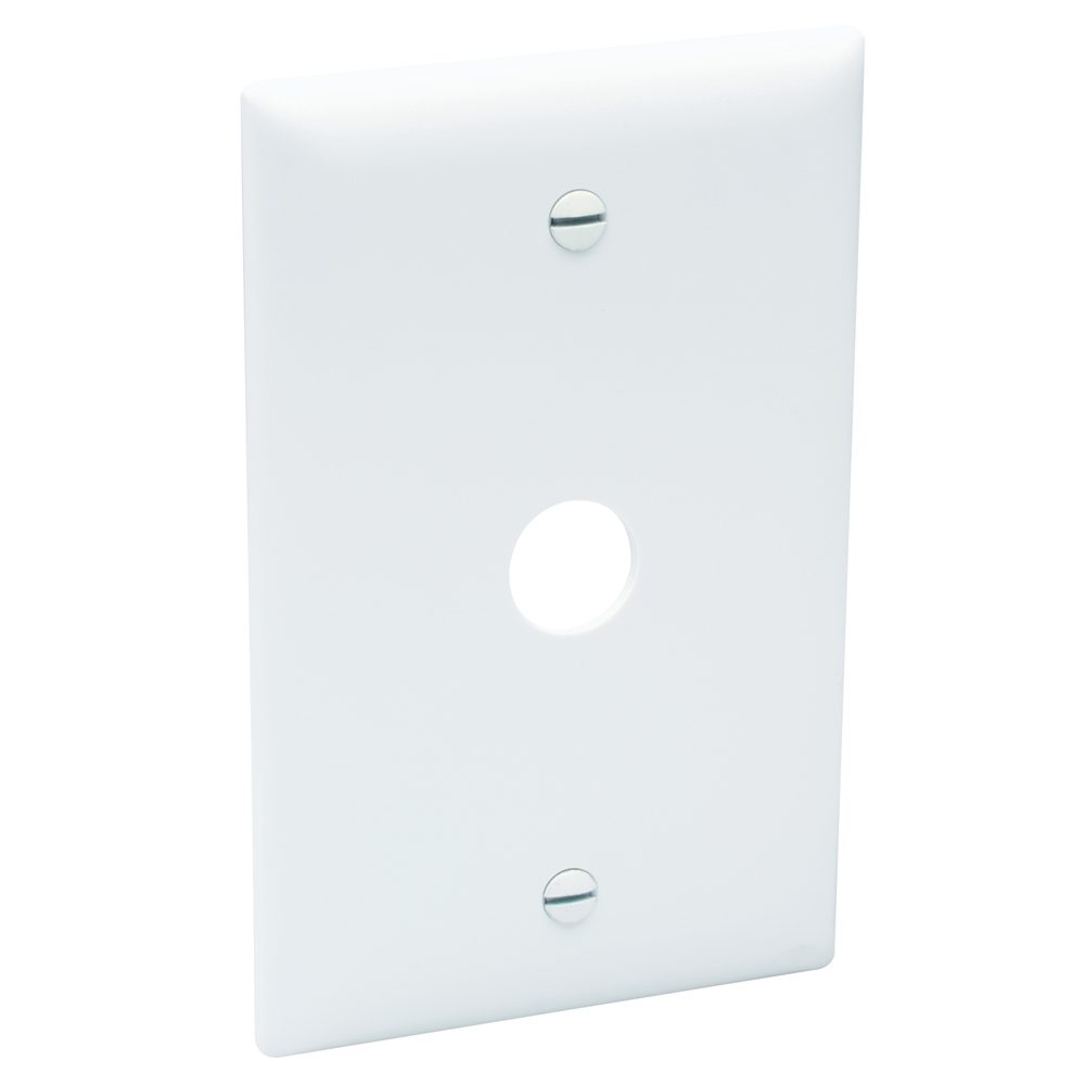 Singlegang,Single telephone or cable outlet 5/8 ID.Box mounted. Nylon Trademaster plate. White.