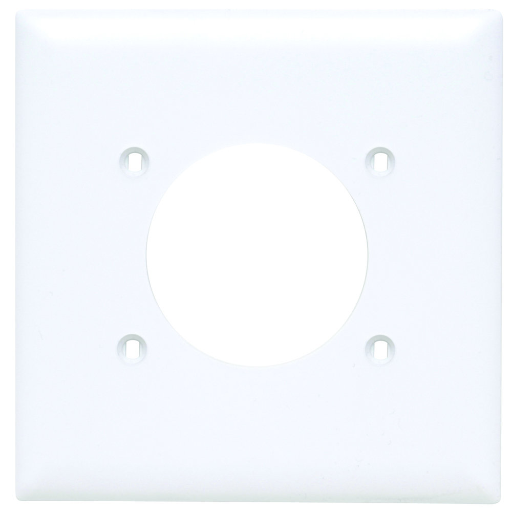 Two Gang Power Outlet Receptacle Opening, 2.1563 hole for 2.125 diameter device - 4 mtg. holes, White Nylon.