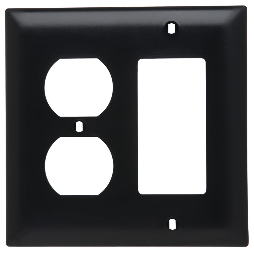 Combination Wall Plate, 1 Duplex Receptacle and, 1 Decorator, Two Gang, Black