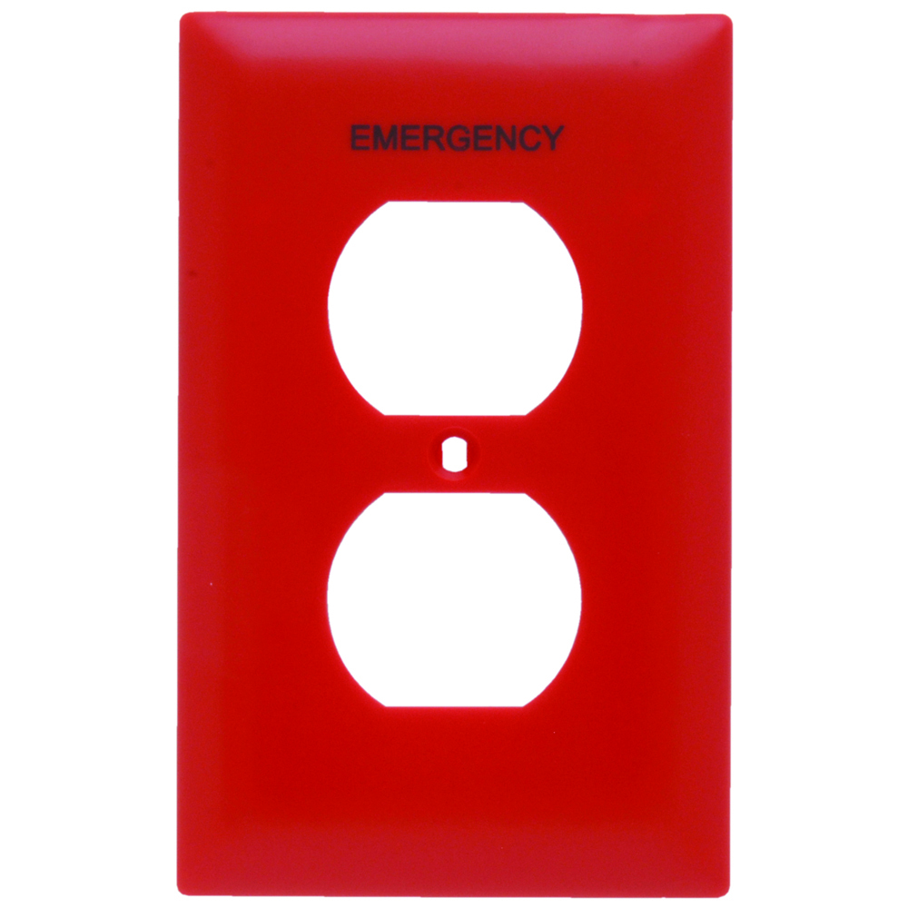 Single gang duplex. Red with Black fill. Nylon Trademaster. Engraved Emergency