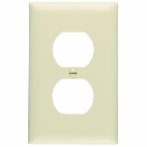 Trademaster single gang wall plate molded of rugged, practically indestructible self-extinguishing nylon. It is preferred for hospital, industrial, institutional, and other high-abuse applications. Available in Ivory, White, Brown, Gray, Black, Blue, Orange, Red, and Light Almond. 1duplex Ivory