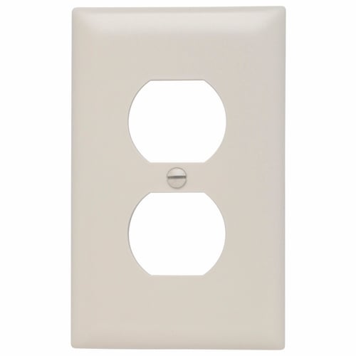 Trademaster, single gang, duplex wall plate molded of rugged, practically indestructible self-extinguishing nylon. It is preferred for hospital, industrial, institutional, and other high-abuse applications. Available in Ivory, White, Brown, Gray, Black, Blue, Orange, Red, and Light Almond.