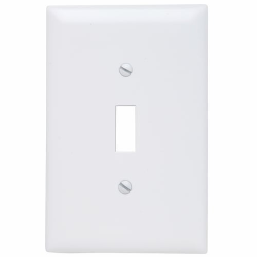 Trademaster Jumbo Wall Plate, single gang, toggle plate is molded of rugged, practically indestructible self-extinguishing nylon. It is preferred for hospital, industrial, institutional, and other high-abuse applications. Available in Ivory, White, Brown, Gray, Black, Blue, Orange, Red, and Light Almond.