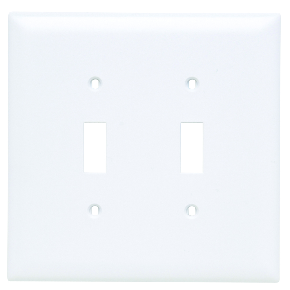 Trademaster Jumbo Wall Plate, double gang, toggle plate is molded of rugged, practically indestructible self-extinguishing nylon. It is preferred for hospital, industrial, institutional, and other high-abuse applications.Available in Ivory, White, Brown, Gray, Black, Blue, Orange, Red, and Light Almond.