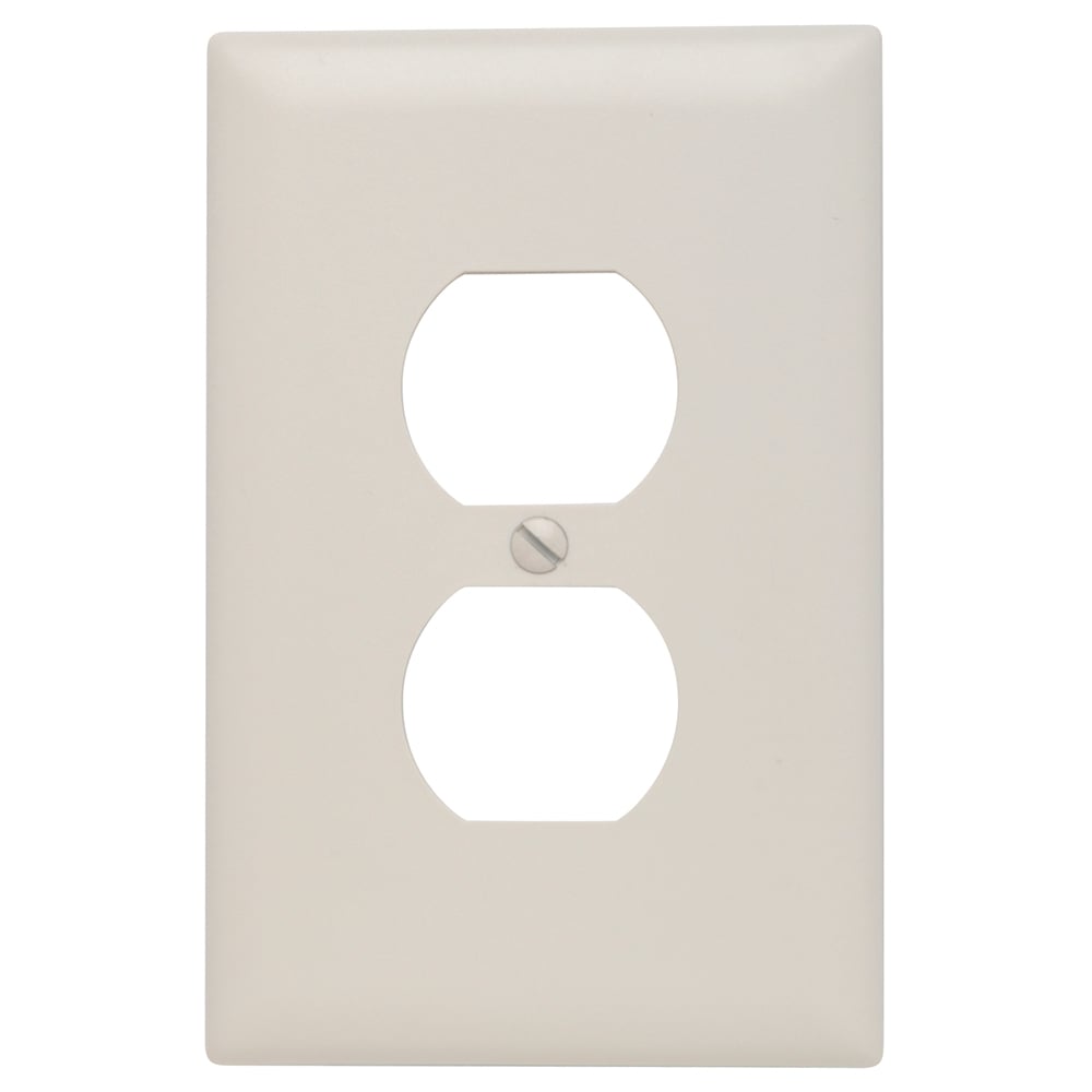 Trademaster Jumbo Wall Plate, single gang, duplex is molded of rugged, practically indestructible self-extinguishing nylon. It is preferred for hospital, industrial, institutional, and other high-abuse applications. Available in Ivory, White, Brown, Gray, Black, Blue, Orange, Red, and Light Almond.