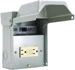Metallic, A/C Disconnect with 15A GFCI Receptacle.  Non-automatic switch can be placed in the OFF position for user safety during equipment maintenance.