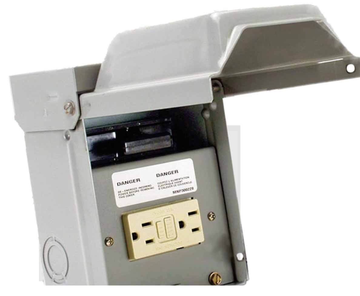 Metallic, A/C Disconnect with 15A GFCI Receptacle.  Non-fusible disconnect pullers are removable or reinstallable in the OFF position for user safety during equipment maintenance.