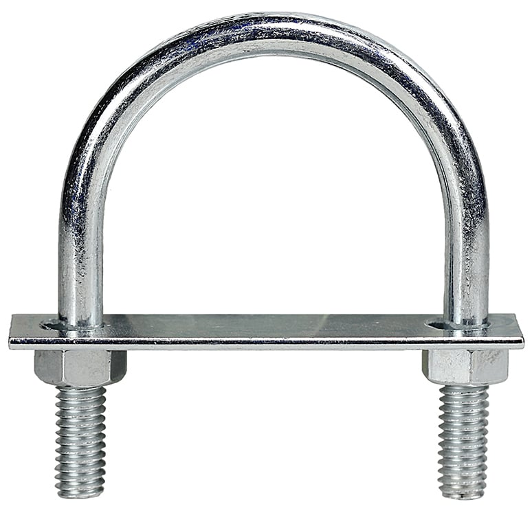 U-Bolt, Low Carbon Steel material, Zinc Plated Finish, 2 in. length, 1-1/8 x 2 in. Size, Internal-1-1/8 in. diameter, NC Rolled Machine thread, 2 nuts, Hex nut type, 1 in. thread length, 2 in. height, 3/4 in. pipe diameter, 1/4 in. thread diameter