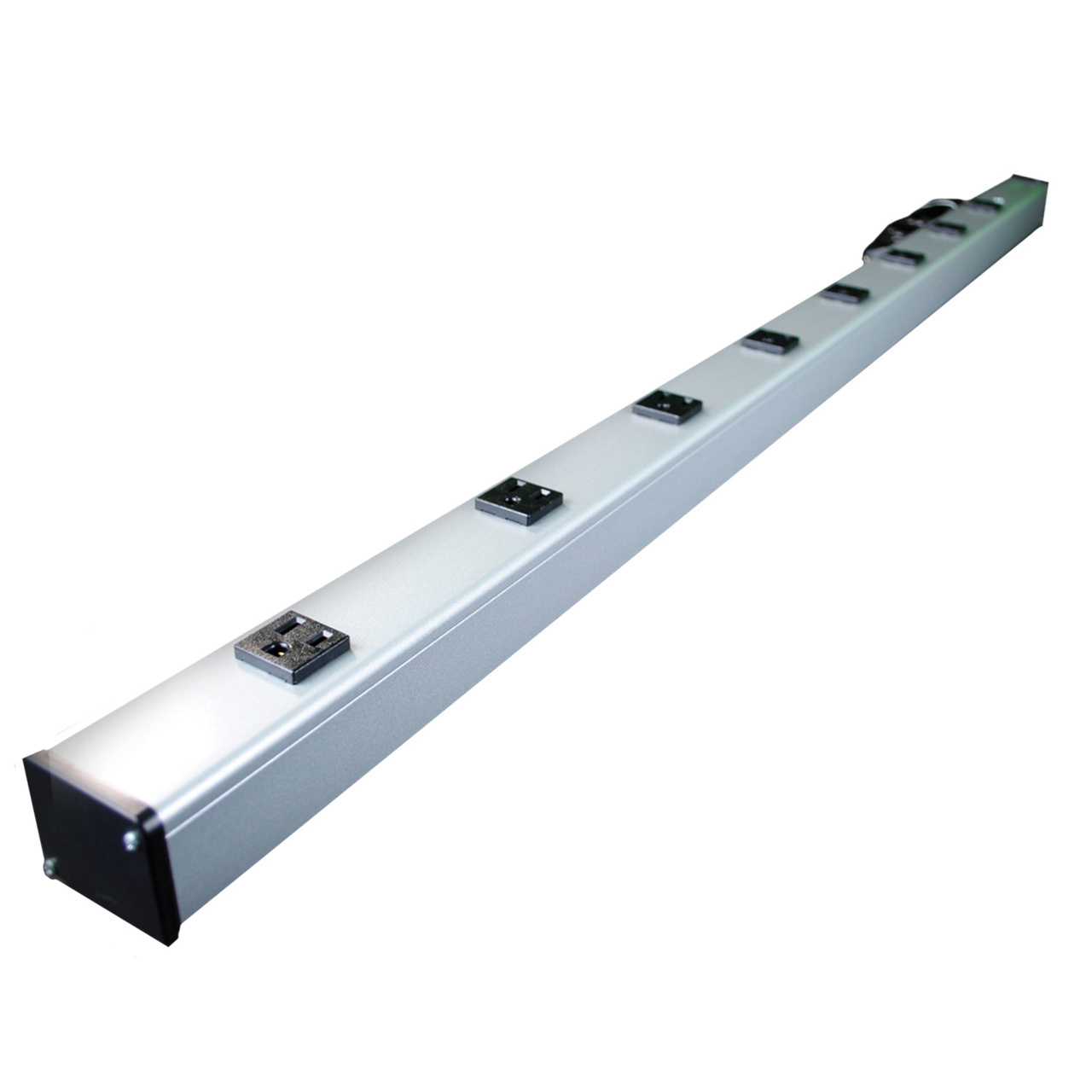Eight outlets, lighted switch, rugged gray aluminum housing, 15A, 15' (4.6m) 14/3 SJT black cord with NEMA5-15 plug. Length 48" (1.2m). Receptacle center-to-center 5 1/4" (133mm). Snap-on, slide-off mounting.