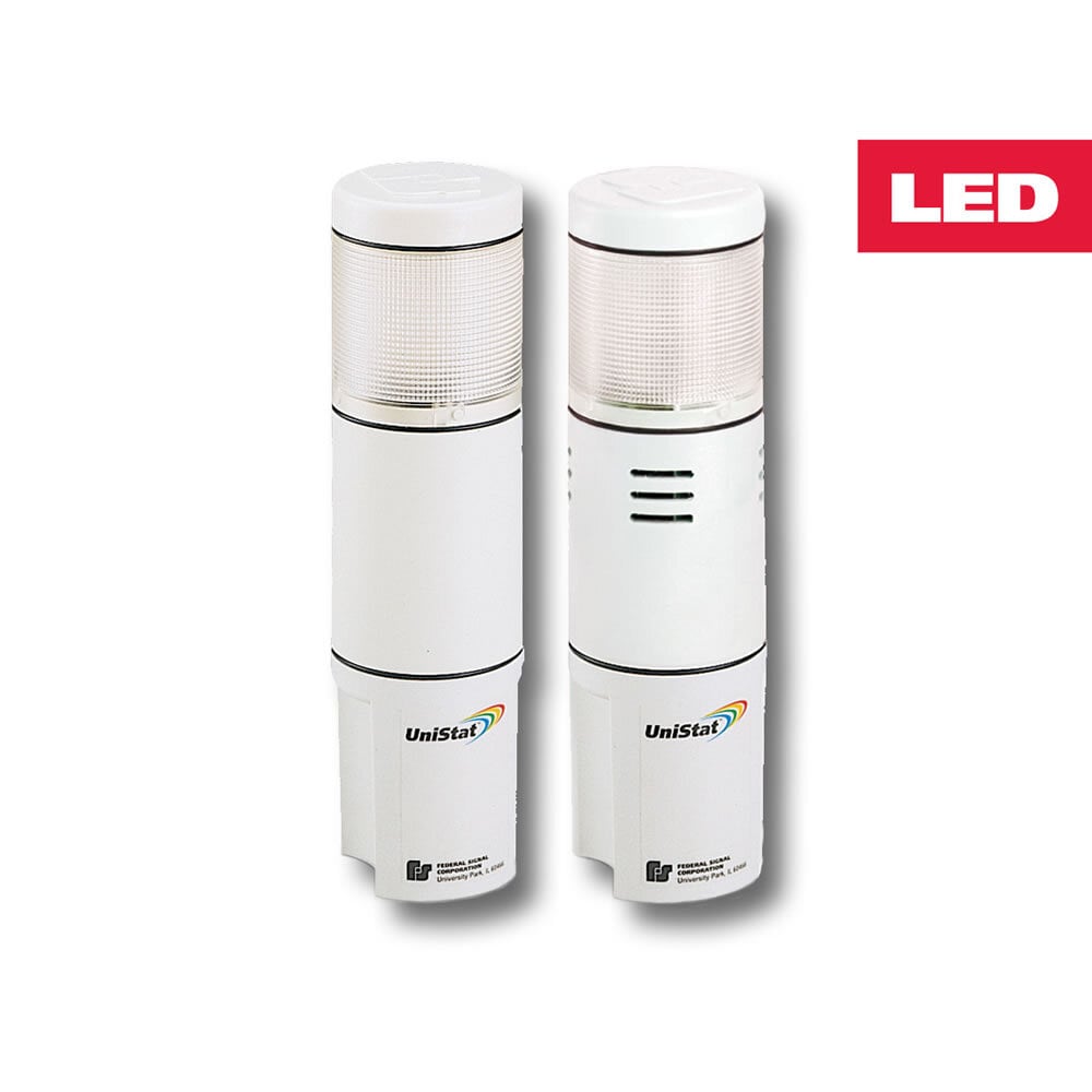 UniStat LED Status Indicator, 24VDC, Quad-Color (Amber, Blue, Green and Red) - Available in 24VDC and 120VAC. Tri- or quad-color models. 50,000 hour vibration resistant LED light source. Available with built-in sounder (Model USIS). Surface mount and integrated 3/4-inch NPT pipe mount. PLC compatible. Indoor use only. Type 4X, IP66 enclosure. Type 1 with sounder, 60 dBa at 10 feet. UL and cUL Listed.