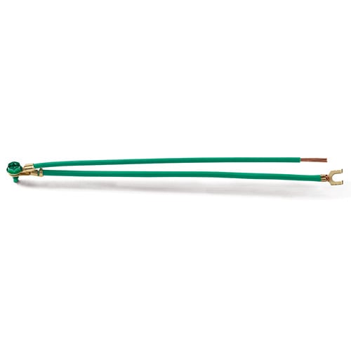 EPCO, Single Gang Ground Bonding Pigtail, PigTails, Single Gang, Conductor Size: 12 AWG, Insulation: THHN, Length: 8 IN, Size: 5/8 IN (Stripped), Includes: (1) 8 IN Stranded Wire Incoming Lead Stripped 5/8 IN Stripped,(1) 8 IN Stranded Wire Conductor with (1) Flanged Spade Terminal, Captive GSH Ground Screw