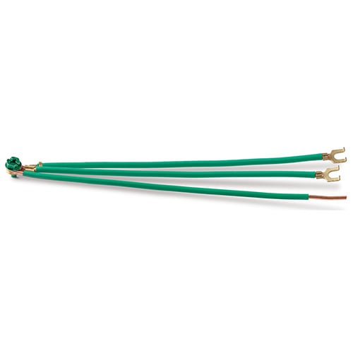 EPCO, Dual Gang Ground Bonding Pigtail, PigTails, Dual Gang, Conductor Size: 12 AWG, Insulation: THHN, Length: 8 IN, Size: 1 IN (Stripped), Includes: (1) 8 IN Solid Wire Incoming Lead Stripped 1 IN Stripped,(2) 8 IN Stranded Wire Conductors each with (1) Flanged Spade Terminal, Captive GSH Ground Screw