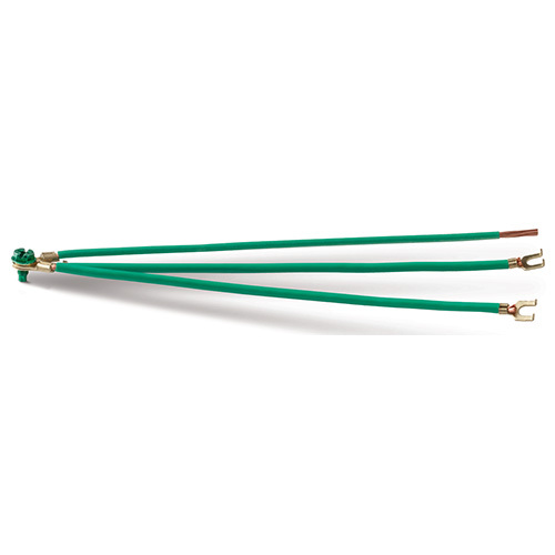 EPCO, Dual Gang Ground Bonding Pigtail, PigTails, Dual Gang, Conductor Size: 12 AWG, Insulation: THHN, Length: 8 IN, Size: 5/8 IN (Stripped), Includes: (1) 8 IN Stranded Wire Incoming Lead Stripped 5/8 IN Stripped,(2) 8 IN Stranded Wire Conductors each with (1) Flanged Spade Terminal, Captive GSH Ground Screw