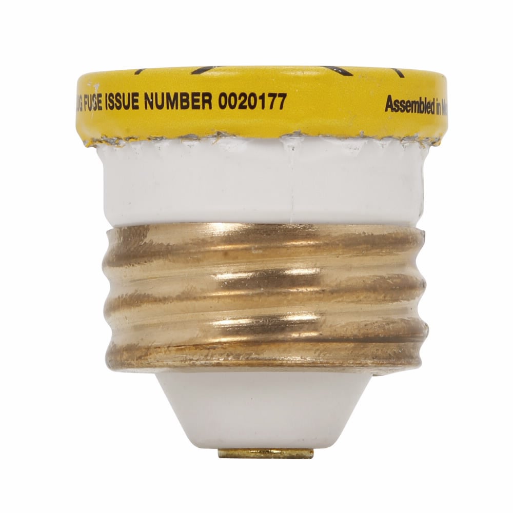 Eaton Bussmann series W plug fuse, plug fuse, fast acting, 3 A, 125 Vac, 10 kAIC (RMS Symmetrical) interrupt rating, 10 kA short circuit rating, plastic body, brass thread, edison base, 1.16 in diameter