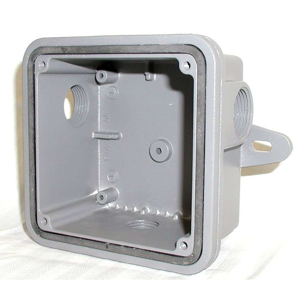 Back Box Black - Accessory for model 350 horns. Cast aluminum neoprene-gasketed weatherproof housing for outside use, complete with mounting lugs.  Tapped for 1/2" and 3/4" conduit.  4-3/8" square box.  2" deep mounting lugs on 4-1/2" centers.