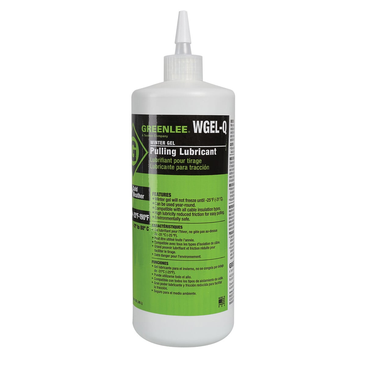 Winter-Gel Lube will not freeze until -25F (-31C).  Reduces friction for easy pulling.  Compatible with all cable insulation types.  Cleans up quickly and easily.  High lubricity.  Can be used all year long.  Environmentally safe.