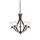 The Dover(TM) 23in; 5 light chandelier features a transitional look with gentle curves and etched seeded glass and Tannery Bronze finish. The Dover chandelier is perfect in several aesthetic environments including transitional and traditional.