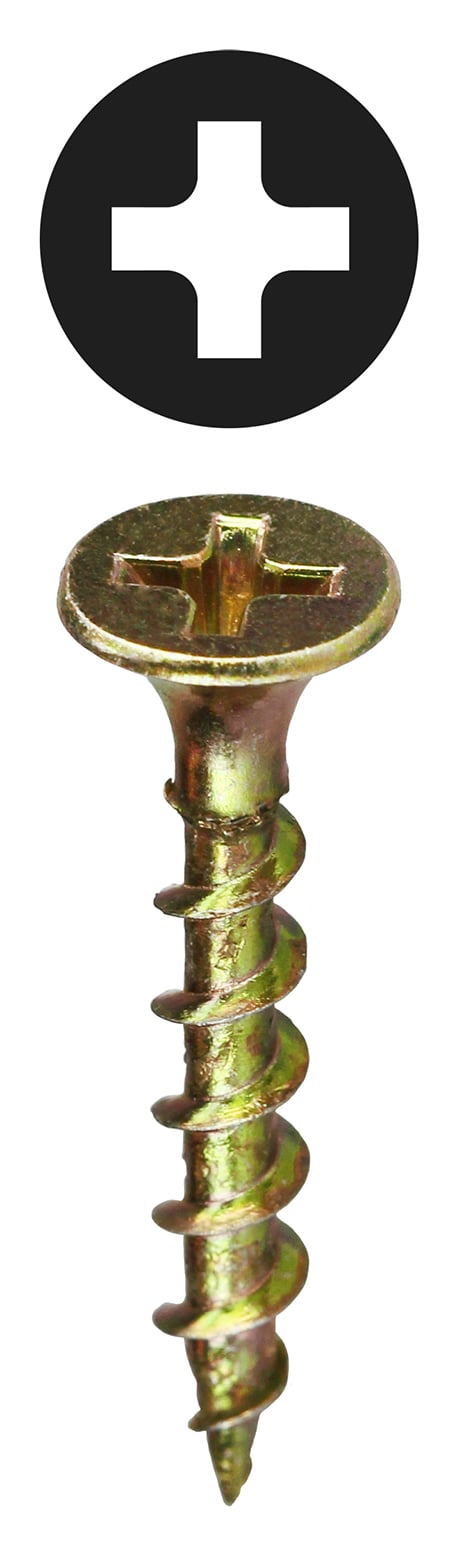 Bugle Head Wood Rocket Drywall Screw, Steel material, #6 x 2 in. Size, 2 in. length, Coarse thread type, #6 thread size, Yellow head color, Yellow Zinc finish, Phillips drive, Drywall screw type, Self Piercing, Tuff Pack Packaging