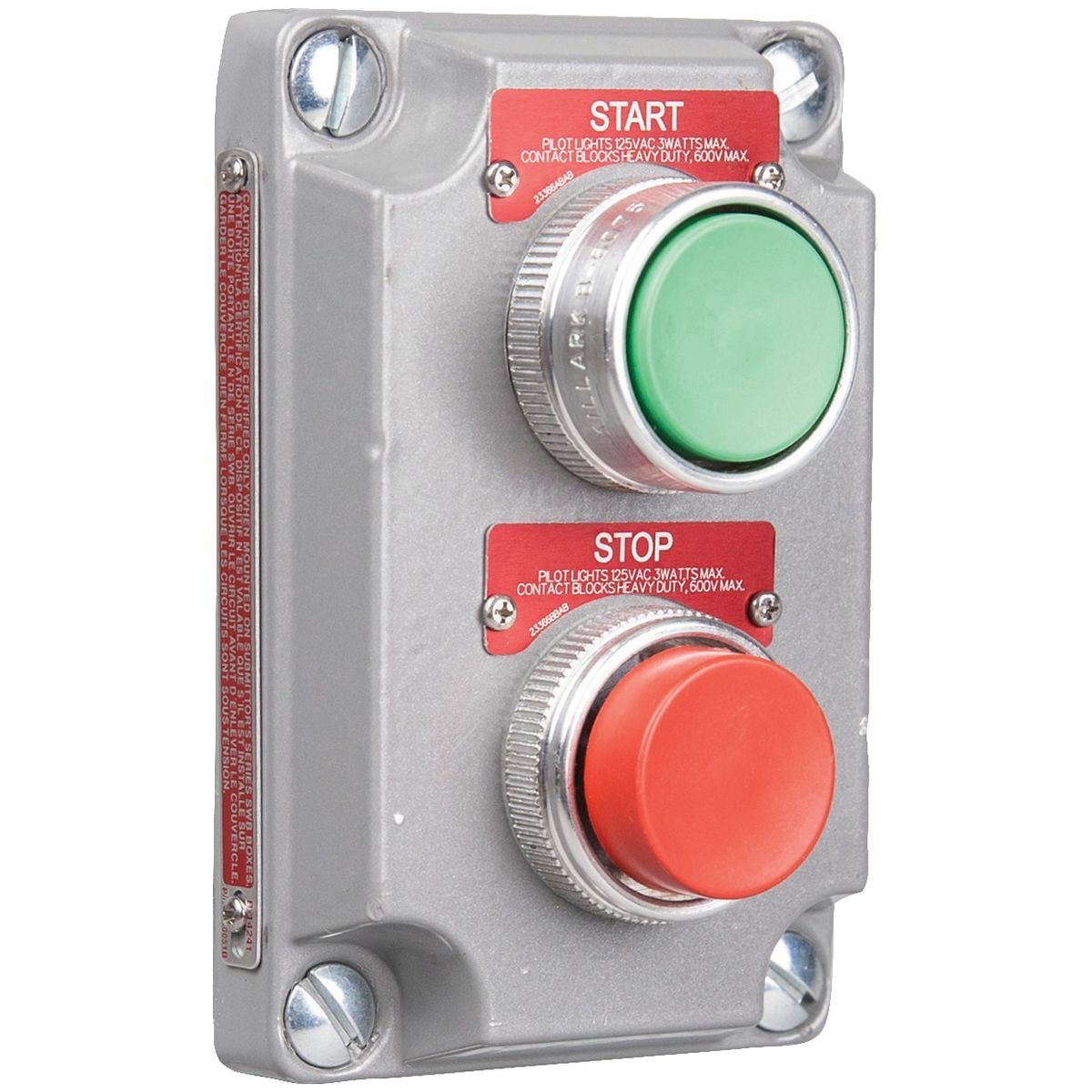 XCS Series - Aluminum Momentary Contact Double Push Button Cover With Device - Green Button With "Start" Nameplate - Red Button With "Stop"Nameplate - 1NO/1NC Contact Rating