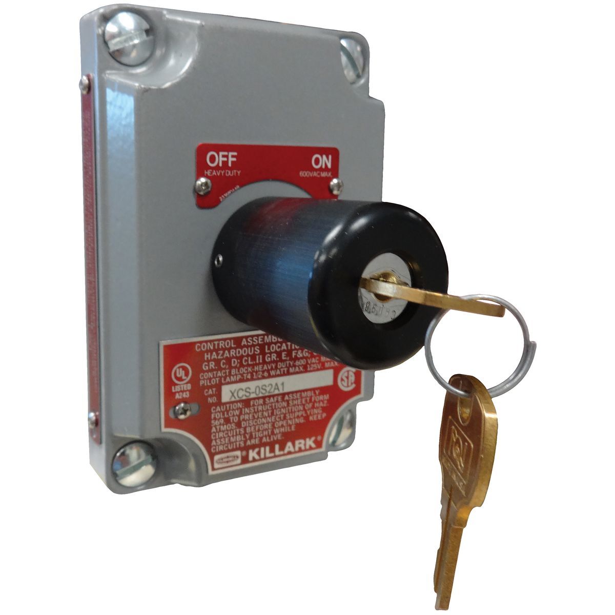 XCS Series - Aluminum Maintained Contact 2-Position Keyed Selector Switch Cover With Device - Keyed Different With Key Removal In Both Positions- "Off - On" Nameplate - 2NO/2NC Contact Rating
