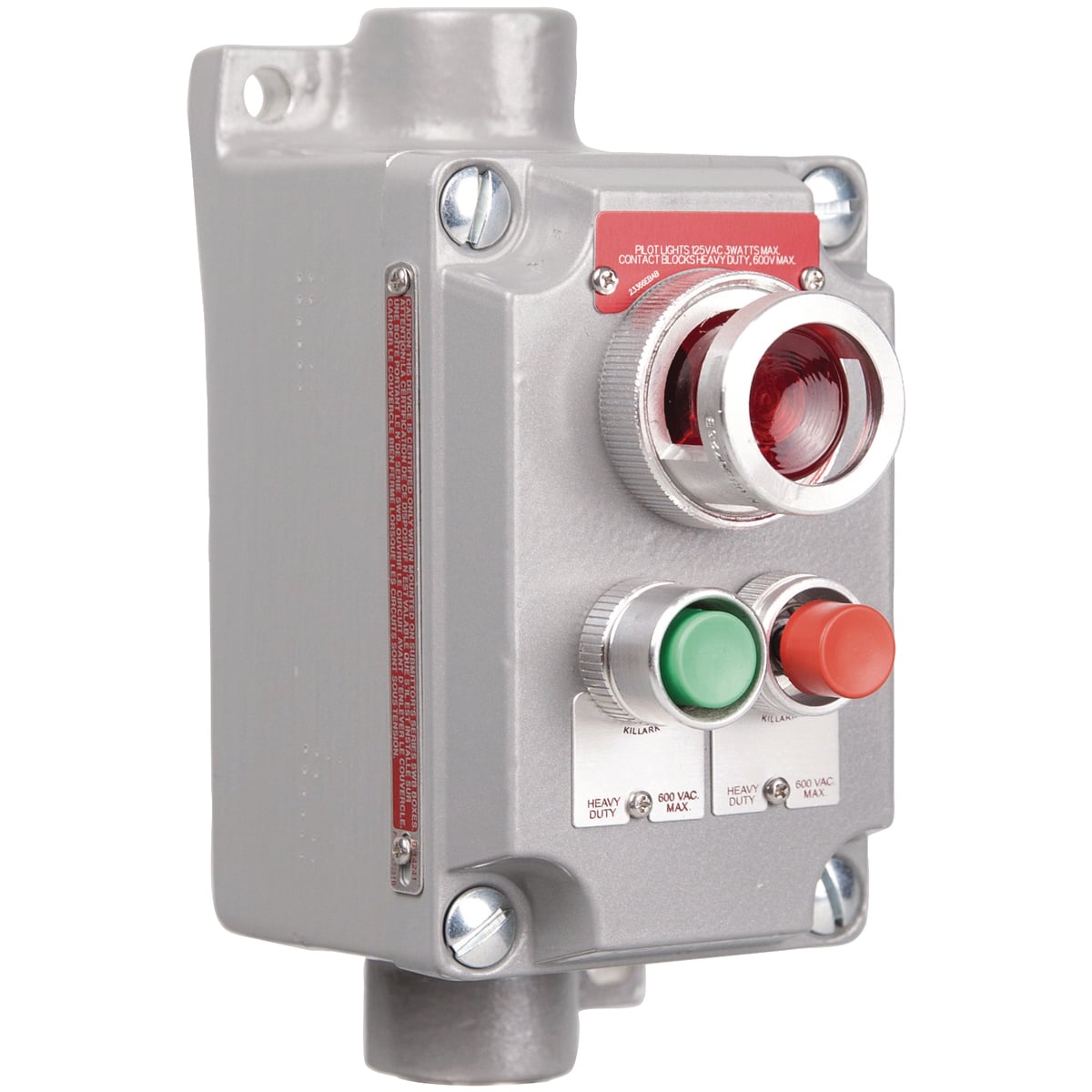 XCS Series- Cover with Device - Aluminum Feed-Thru Momentary Contact Two Mini Red-Green Push Buttons And Red Pilot Light - Hub Size 3/4 Inch