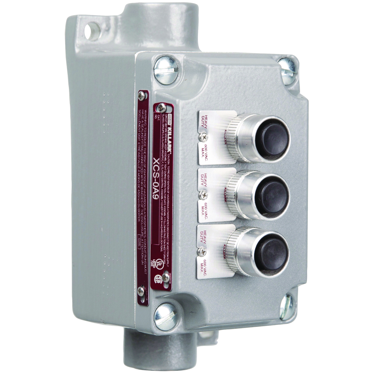 XCS Series - Aluminum Feed-Thru Momentary Contact Three Mini Push Button Control Station - Three Black Buttons With Nameplates To Be Specified - Hub Size 3/4 Inch - 3NO/3NC Contact Rating