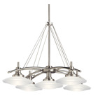 The Structures Collection proves that one style can take on numerous forms. Structures lighting employs universal shape to create modern, aesthetically pleasing lighting capable of unmatched versatility, forming a unique and eclectic style all its own. The Structures motif, along with our Brushed Nickel finish and satin-etched glass, gives a timeless, clean feel to the fixtures, capable of matching any decor. Measuring 30 in. in diameter and 22 in. tall, this 5-light chandelier is the largest fixture in the Structures Collection. It uses 100-watt (max.) bulbs, has a T-3 or T-4 mini-can base, with a tungsten halogen lamp included.