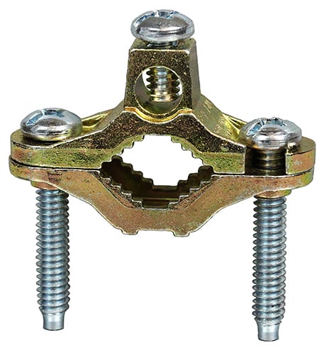 Bare Ground Clamp, 8 SOL to 2 STR conductor size, Prsr Cast Brass Plated material, 1/2 to 1 in. pipe size