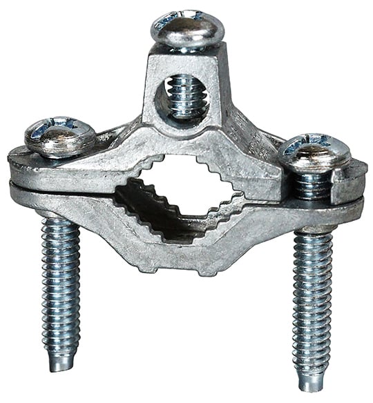 Bare Ground Clamp, 8 SOL to 2 STR conductor size, Prsr Cast Mlbl Finish Brass material, 1/2 to 1 in. pipe size