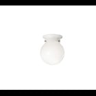 This modern ceiling light features a White finish with a spherical White glass bulb cover. Its 1-light design is 6in; in diameter and uses a 75-watt (max.) bulb for easy, everyday use.