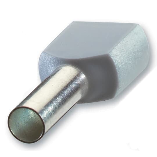 Polypropylene Insulated Twin Ferrule, Length .906 Inches/23.0mm, Pin Length .472 Inches/12mm, Pin Diameter .150 Inches/3.8mm, Base Diameter .339 Inches/8.6mm, Conductor Range 2x12 AWG/2x4.00mm2, Color Gray, Copper, Tin Plated