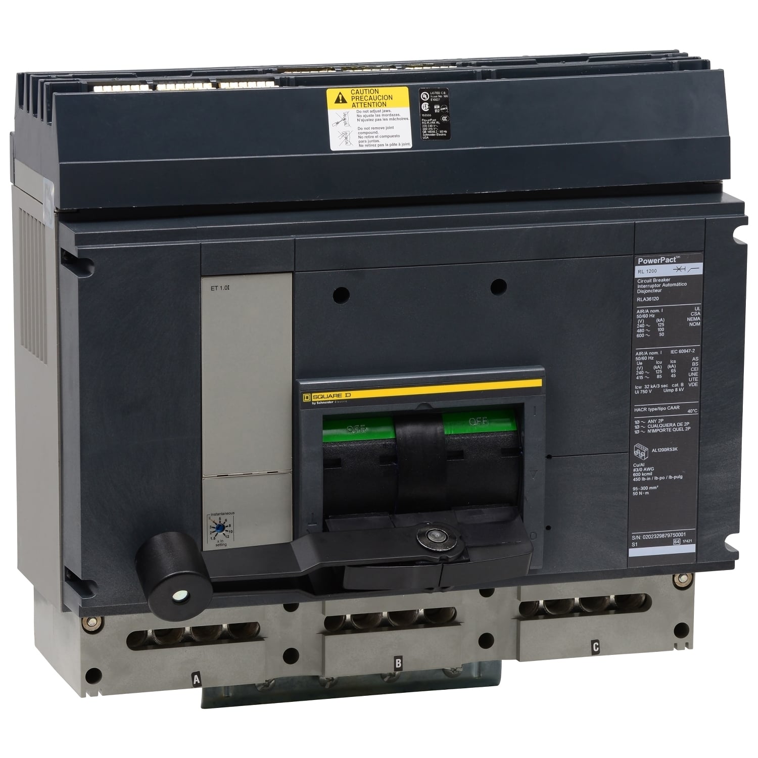 Circuit breaker, PowerPacT R, 1200A, 3 pole, 600VAC, 25kA, I-Line, Micrologic 5.0, 100%