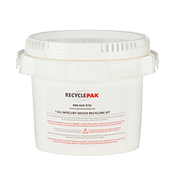 Dimensions: Top Diameter: 7.5", Bottom Diameter: 6.625", Height: 6.9" Capacity: 13 lbs. of intact mercury devices, including but not limited to thermostats, thermometers, blood pressure gauges, relays and switches. Includes: UN-rated, DOT approved 1 gal container with locking lid, 4 mil poly liner, liner tie, instructions, terms and conditions, proof of purchase, prepaid return shipping with label, recycling and online certificate of acceptance for recycling. Notes: Maximum 1 lb. elemental mercury in intact devices inside container. Restrictions: Lower 48 contiguous states only. Not for export.