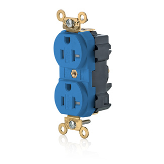 20 Amp. 125 Volt. NEMA 5-20R. 2P/3W. Lev-Lok Duplex Receptacle. Straight Blade. Industrial Grade. Self-Grounding. Tamper-Resistant. Modular Terminals. Brass Strap - Blue