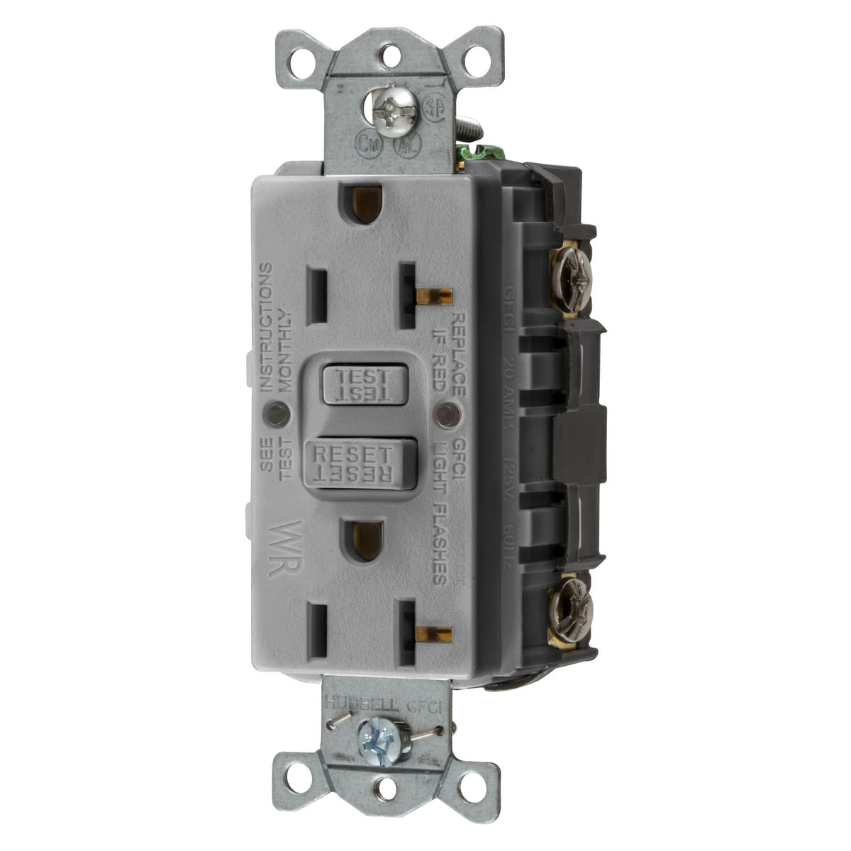Power Protection Devices, Receptacle, Self Test, GFCI, WR, Commercial Grade, 20A 125V, 2-Pole 3-Wire Grounding, 5-20R, Gray