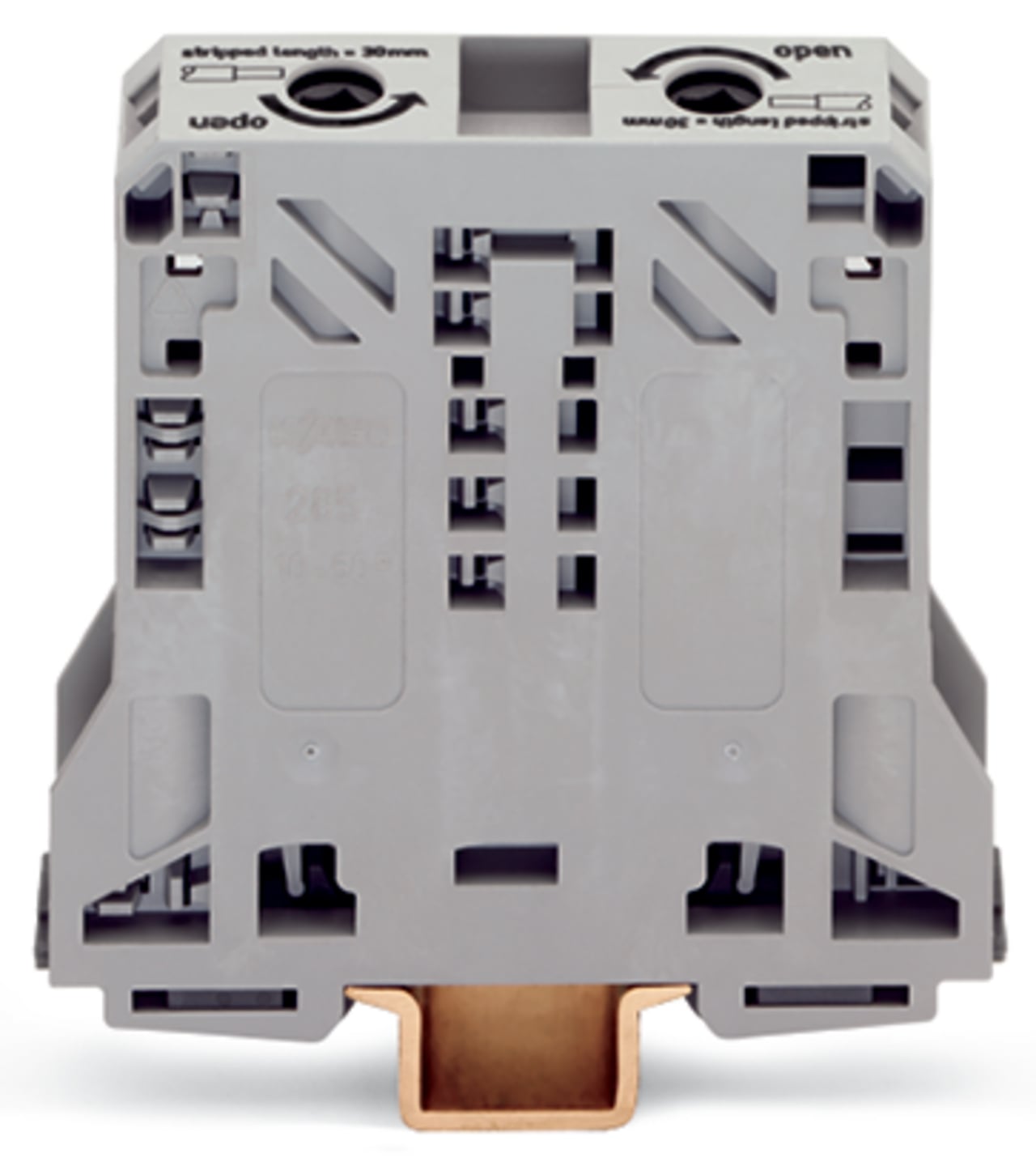 2-conductor through terminal block; 50 mm; lateral marker slots; only for DIN 35 x 15 rail; POWER CAGE CLAMP; 50,00 mm; gray