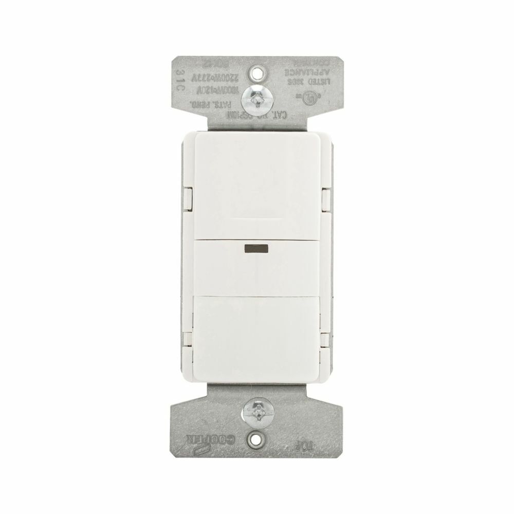 Eaton occupancy sensor switch, Decorator, Flush, 120/277V, Wire lead, Gray, Inc, MLV, ELV, Flr, halo, CFL, LED, Elec mtr lds, 1-pole, 3-way, 1-ph, 1000 sq ft, 2-rly, 800W (Inc/hal @120V), 1200W (Flr @120V), 2200W (Flr @277V) 729355
