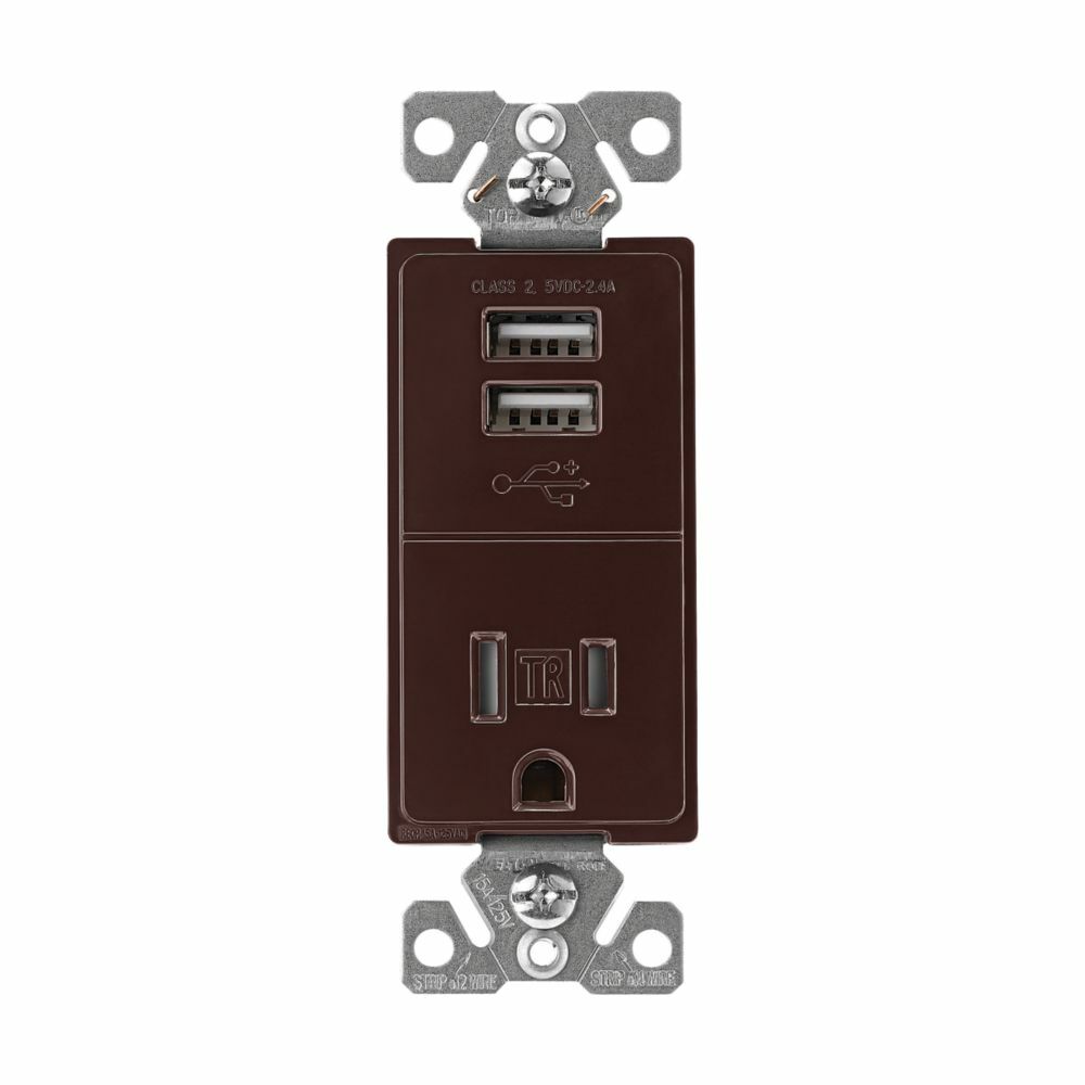 Eaton combination USB charger with receptacle, Tamper resistant, 15A at 125 Vac, 2.4A at 5 Vdc, Flush mount, 125 Vac, 5 Vdc, Side wiring, Brown, Brass, 5-15R, Two-pole, three-wire, grounding, Decorator, Thermoplastic