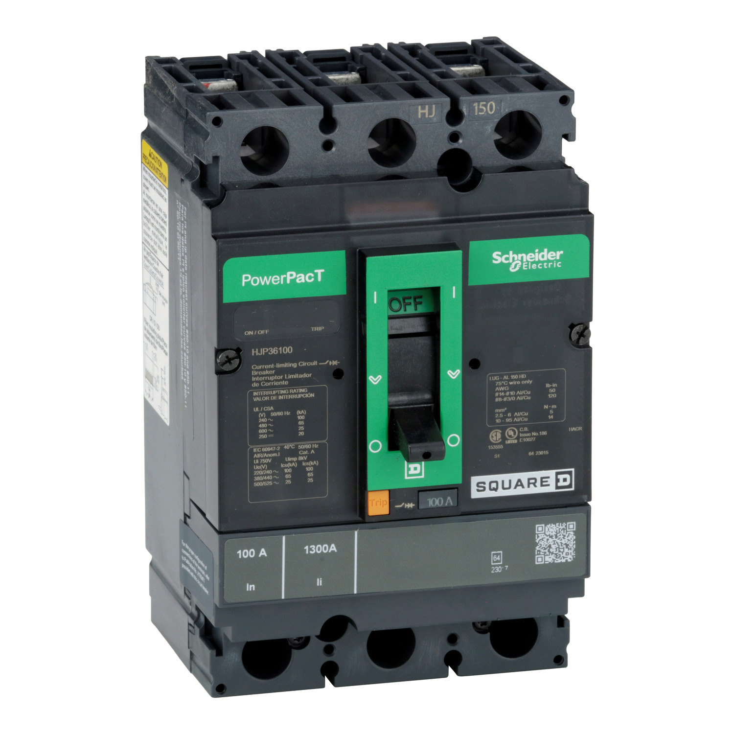 Circuit breaker, PowerPacT H, 100A, 3 pole, 600VAC, 25kA, lugs, thermal magnetic, 80%