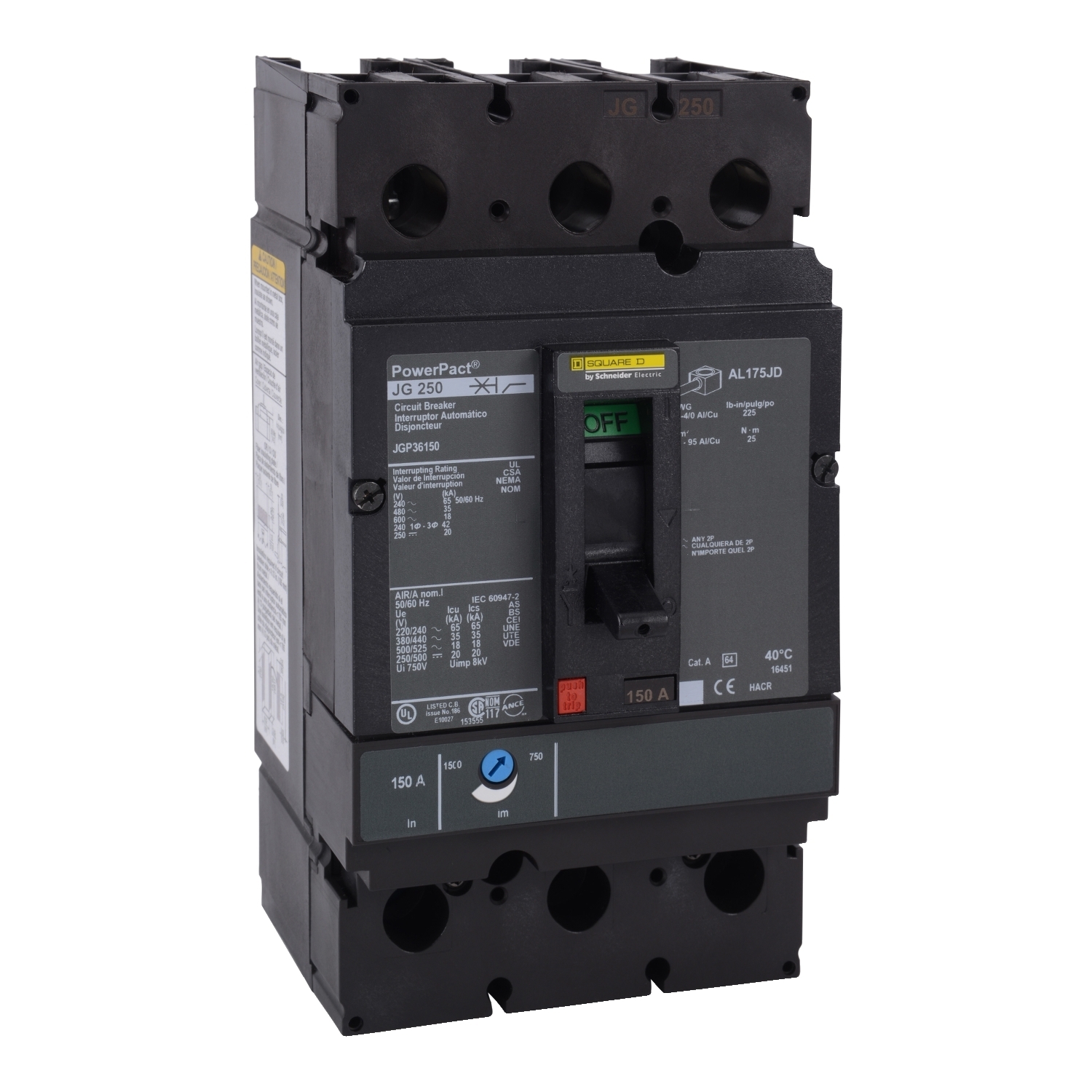 Circuit breaker, PowerPacT J, 250A, 3 pole, 600VAC, 18kA, lugs, thermal magnetic, 80%