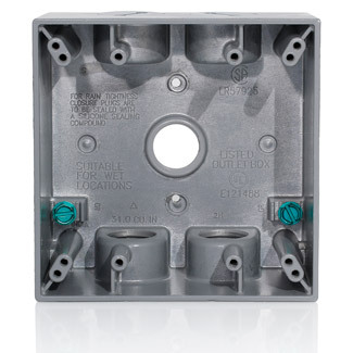 Two Gang Die-Cast Weatherproof Box with Five 1/2" Diameter Outlets, Includes Mounting Hardware and Inserts to Cover Unused Openings - GRAY